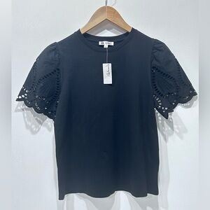 Reitmans 100% Cotton Black Eyelet Lace Puff Sleeve Top Size Small NWT Blouse